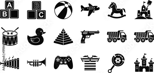Children Toys and Entertainment Silhouette Icon Set with Blocks, Ball, Airplane, Rocking Horse, Drum, Castle, and Game Controller Symbols