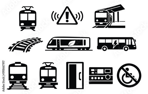 Minimalist public transport icon set featuring trains, an electric bus, tracks, and warning signs for city travel and accessibility