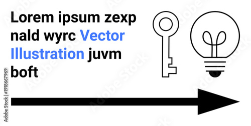 Innovation, problem-solving, strategy, direction, unlocking ideas, creativity. Black key, lightbulb bold arrow with text elements. Innovation and problem-solving concept