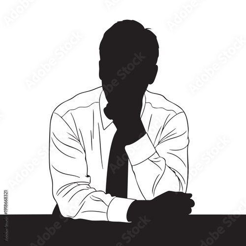 Silhouette of thoughtful businessman resting chin on hand, sitting at desk, deep in thought, representing contemplation and decision making, office setting
