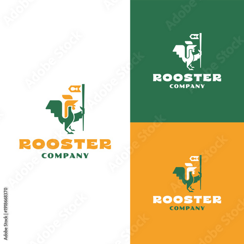 Rooster Company Logo Template featuring Stylized Cock and Flag Silhouette