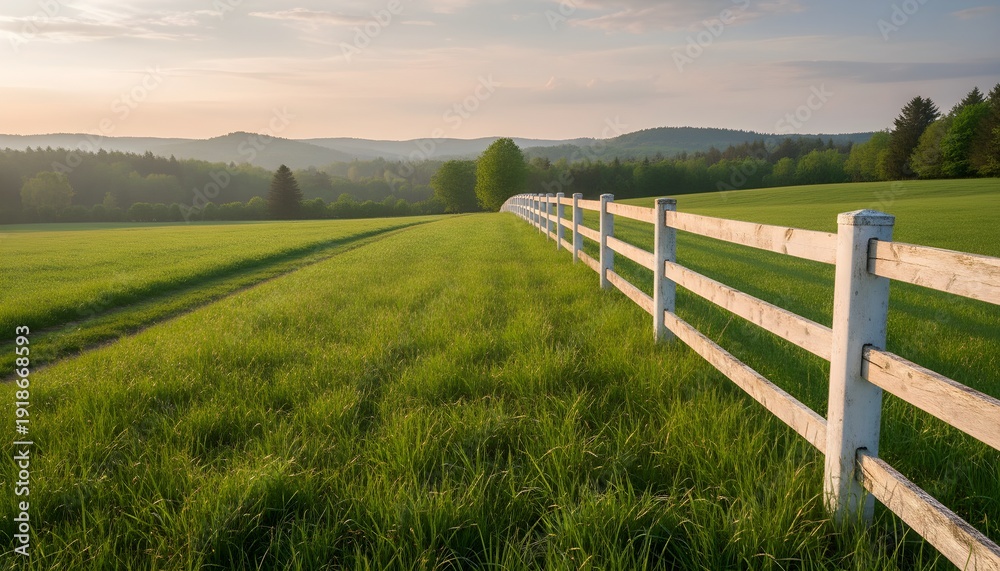 Fototapeta premium A scenic rural landscape with a white wooden fence dividing lush green fields under a partly cloudy sky, showcasing countryside tranquility, natural beauty, and peaceful open space