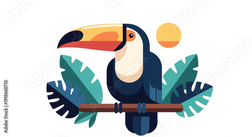 A vibrant cartoon toucan perched on a branch with tropical leaves against a white background with warm sunny lighting.