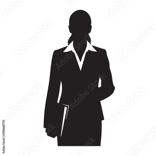 Businesswoman standing holding folder, professional female in formal attire, front view full body silhouette on white, corporate professional or educator concept