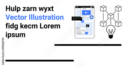 Digital transformation, blockchain, online communication, technology innovation, mobile apps, user interface. Smartphone interfaces with messages and media icons. Digital transformation