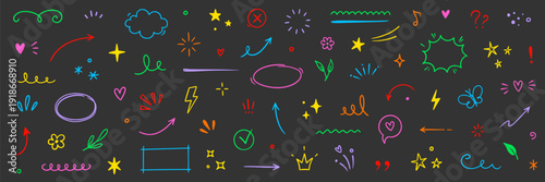 Line element arrow, cloud, heart cute design icon set. Hand drawn brush sketch doodle cute star, heart, flower element. Line text decoration scribble decoration. Hand drawn Vector illustration