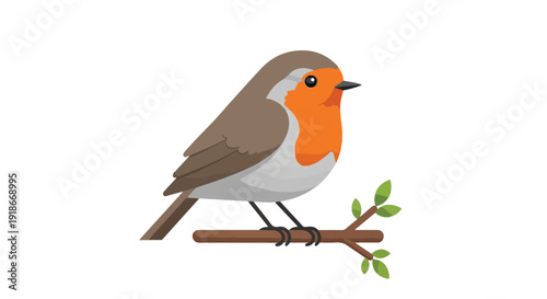 Illustration of a robin perched on a branch with green leaves against a white background.