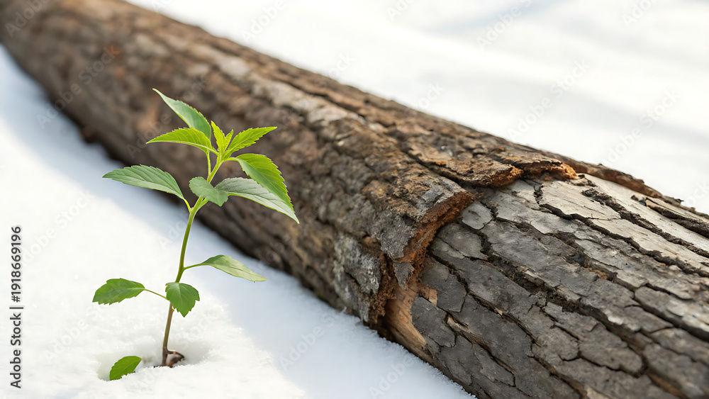 Fototapeta premium Young green plant sprouting from cracked dry log minimalist nature growth concept
