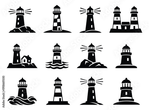 Graphic lighthouse icon set featuring various designs with light beams and coastal elements for maritime navigation