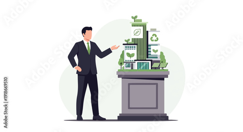 A cartoon businessman presenting an eco-friendly concept with recycling symbols on a desk in a minimalist style with a green and grey color palette against a clean white background.