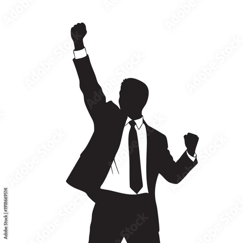 Successful business man celebrating victory with raised fists expressing excitement and winning achievement after closing deal or reaching corporate goals for financial growth and career success