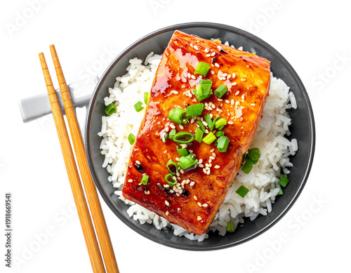  Salmon Teriyaki Fillet Over Steamed Rice Bowl, Top View, Isolated on Transparent Background