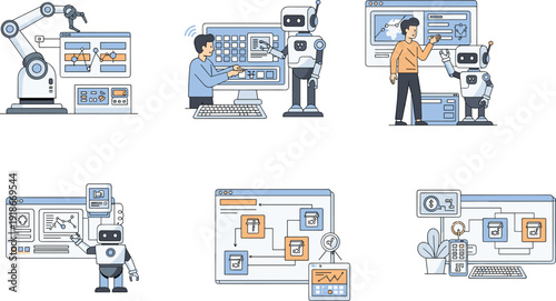 AI Automation and Robotics Workflow Illustration Set with Machine Learning Dashboard and Human Robot Collaboration