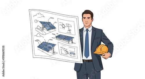 A professional man in a business suit holding a blueprint and a hard hat, standing against a clean white background with a neutral mood.