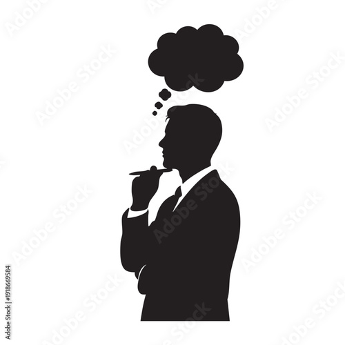 Businessman in suit thinking black silhouette vector illustration isolated on white background, pensive male holding pen to chin with thought bubble above head
