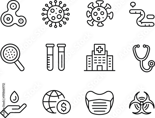 Virus and medical laboratory line icons set, healthcare protection vector illustration, pandemic research and safety outline symbols