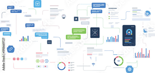 AI Powered Data Analytics and Chatbot Workflow Interface with Dashboard Metrics and API Integration Vector Illustration
