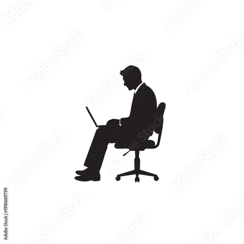 Silhouette of businessman sitting at office chair with laptop, working remotely, focused on screen, modern workspace, productive employee, technology