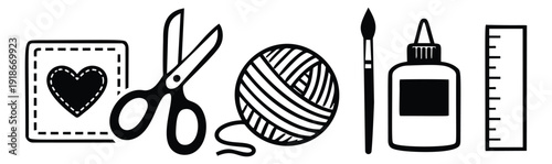 Hand drawn line art crafting elements set featuring a heart patch, scissors, yarn, a paintbrush, glue, and a ruler for creative hobbies and school projects