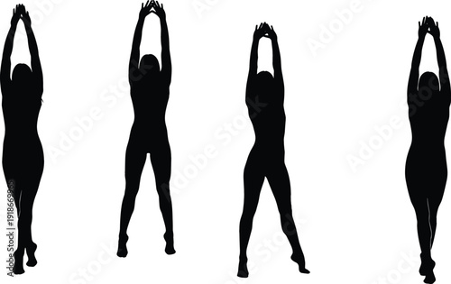 Female Body Silhouette Set with Standing Woman Poses and Raised Arms in Black Solid Vector Illustration for Fitness and Fashion Design