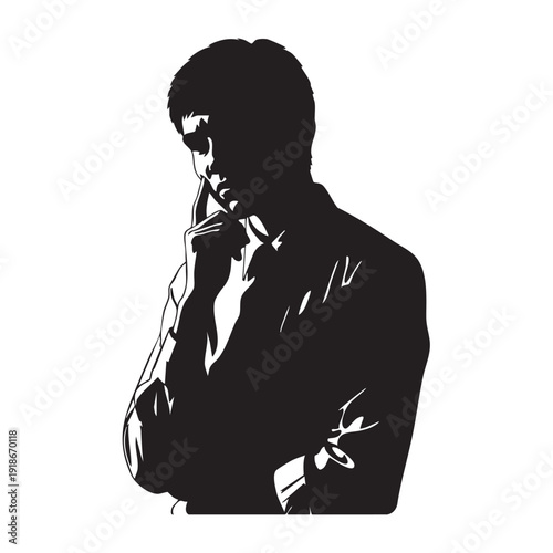 Man silhouette is depicted with his finger on his chin, suggesting a thoughtful pose, a classic illustration of contemplation or deep thinking often used in business or educational contexts