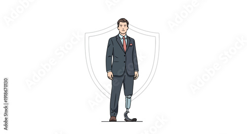 Illustration of a businessman with a prosthetic leg standing confidently in front of a shield on a white background.