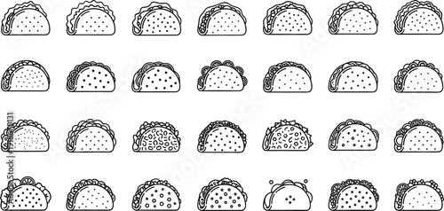 Hand Drawn Taco Collection Line Art Icon Set with Mexican Street Food Variations for Restaurant Menu, Fast Food Branding, and Culinary Design
