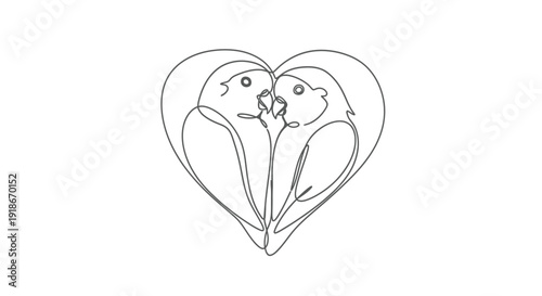 Lovebirds in heart shape, continuous line art