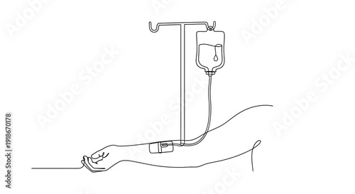 IV drip bag connected to arm, continuous line art