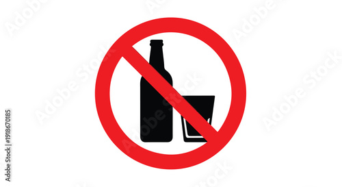 Graphic symbol indicating no alcohol consumption with a red circle and line through a bottle and glass on a white background.
