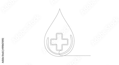 Blood drop with plus symbol, continuous line art