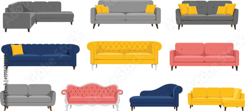 Modern sofa furniture collection with colorful couches sectional chaise lounge classic and contemporary living room seating vector illustration set