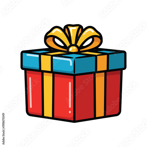 A vibrant red gift box adorned with blue and yellow ribbons and a golden bow, viewed from the front