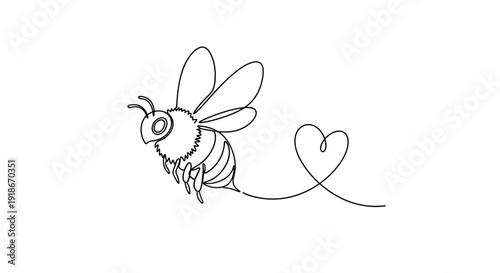 Heartwarming bee single line drawing, love and nature concept