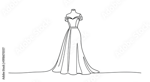 Elegant off the shoulder ball gown, single line drawing