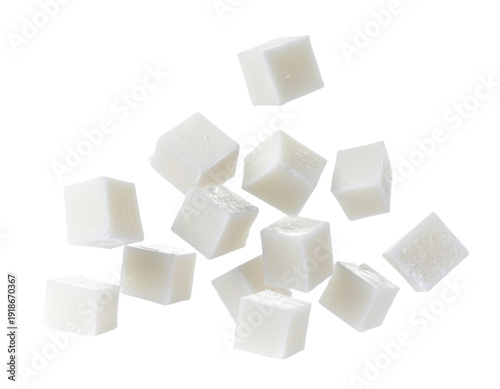  Nata de Coco Cubes Falling Mid-Air, Dynamic Freeze Motion, Isolated on Transparent Background