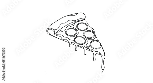 Delicious pepperoni pizza slice, dripping cheese, single line art