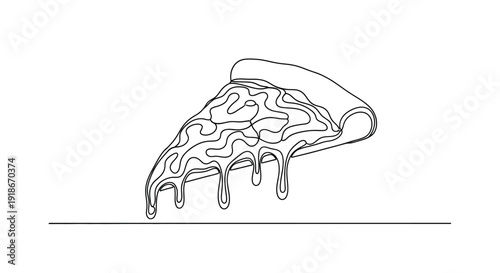 Gooey cheese pizza slice, minimalist single line illustration