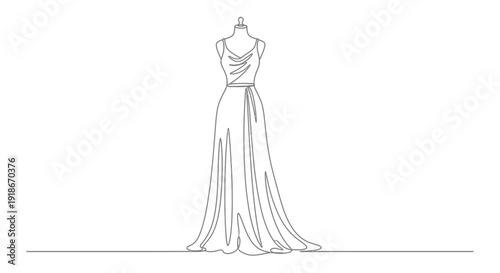 Chic long flowing dress on mannequin, single line sketch