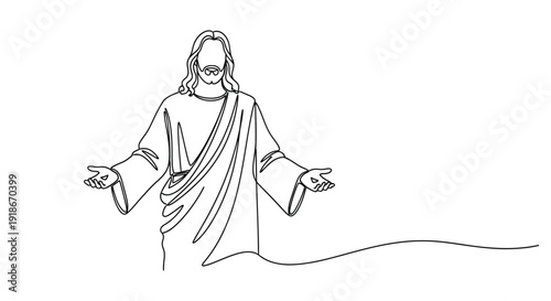 Jesus Christ figure, open arms, single line drawing