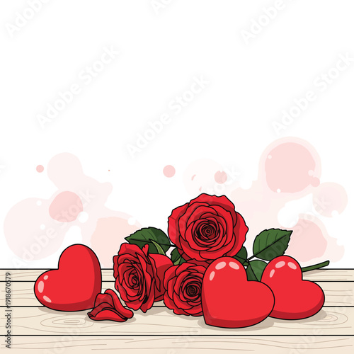 Illustration of red roses and hearts on a wooden surface viewed from the front