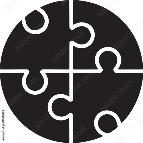 Circular jigsaw puzzle icon vector, four pieces connected inside circle, problem solving concept