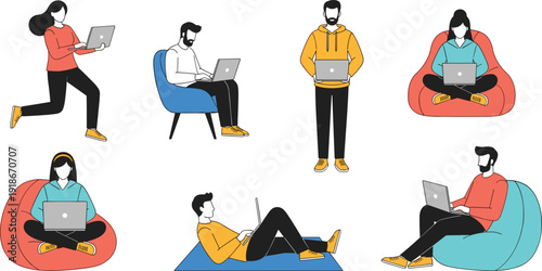 People working on laptops flat illustration set, remote work freelance lifestyle modern technology users sitting standing characters vector collection
