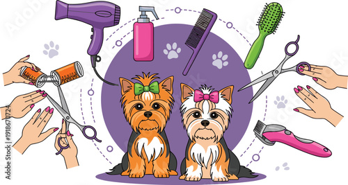 Pet grooming salon vector illustration set, cute dogs haircut tools scissors brush dryer animal care service cartoon collection design