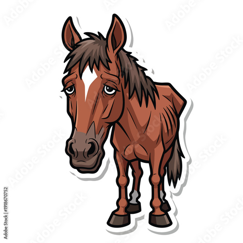 Illustration of a brown horse with a distinctive white marking on its face, standing alone