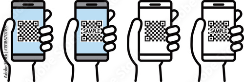 手で持つスマートフォンのQRコード表示イラストセット｜決済・読み取りイメージ Smartphone Showing QR Code in Hand Illustration Set for Payment and Scanning
