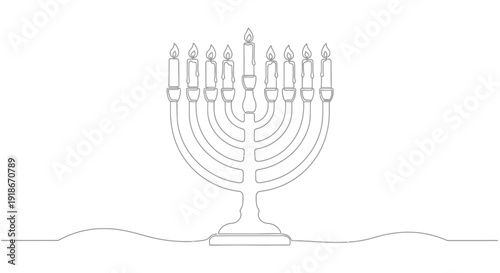 Menorah with lit candles in single line drawing style