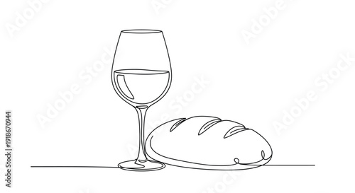 Wine glass and bread in simple line art drawing