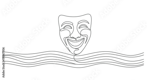 Comedy theater mask on wavy lines, minimalist line art.