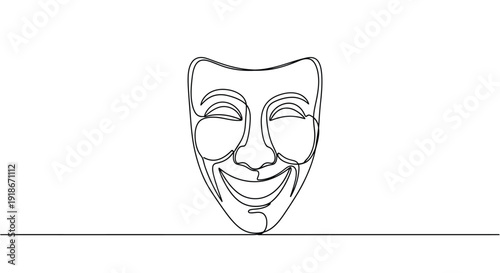 Joyful theater mask with a smile, minimalist single line drawing.